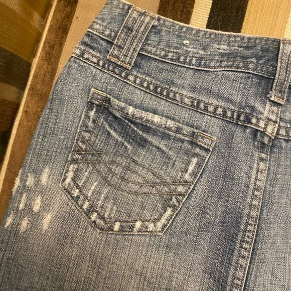 Y2K R4R Rave Jeans Blue Denim Mini Skirt Embroidered Distressed sz 3 - Picture 7 of 10